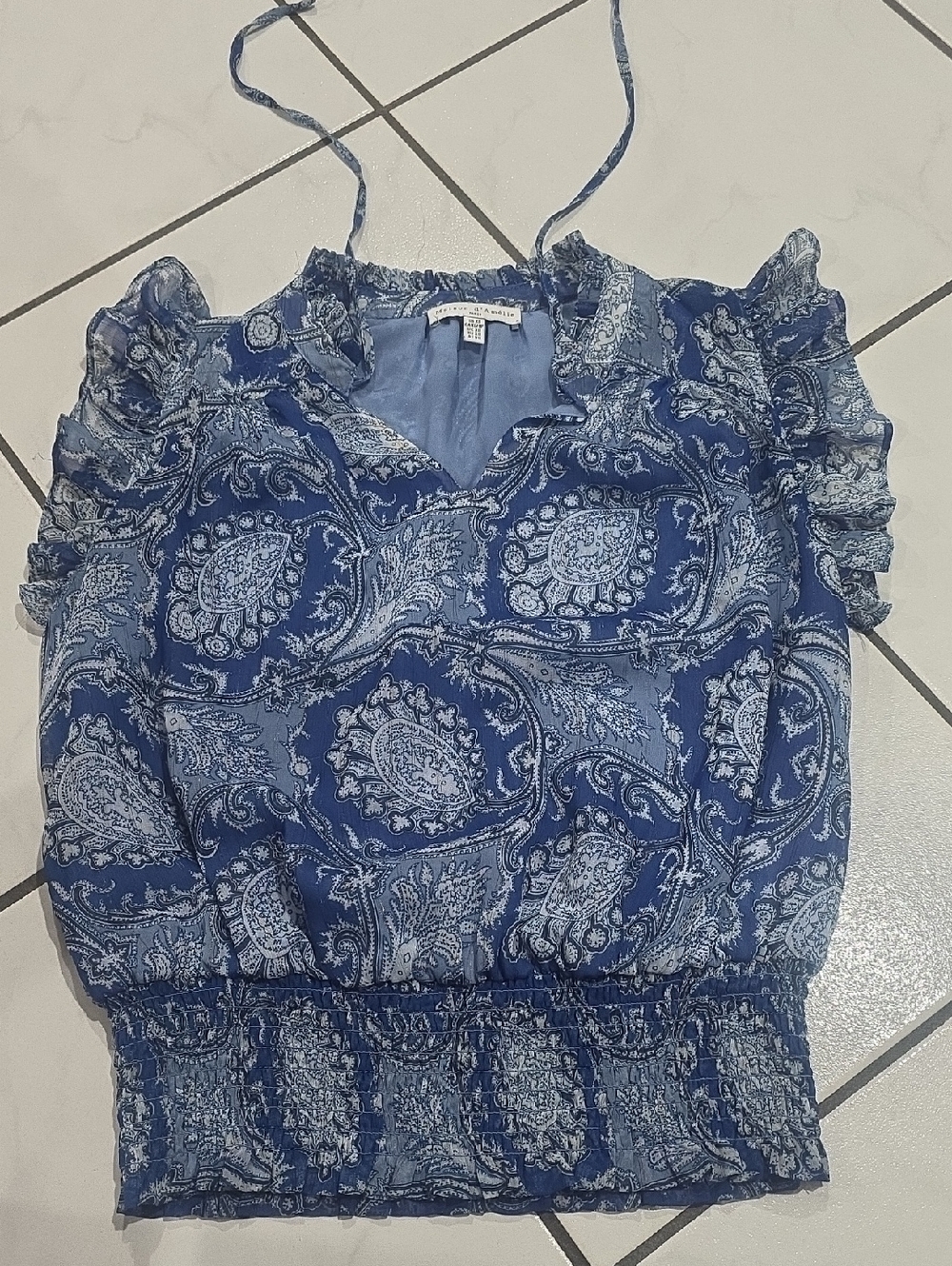 Paisley Print Ruffle-Sleeve Blouse in Blue